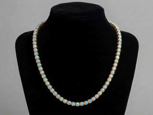 18K Gold Opal Tennis Chain Necklace with IGI-Certified Opals
