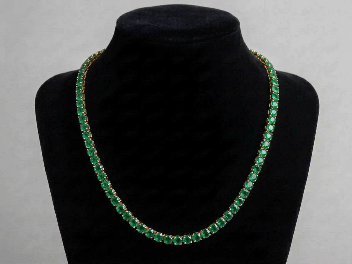18K Yellow Gold Colombian Emerald Tennis Necklace - 5mm IGI Certified Rounds