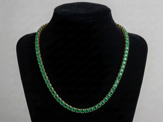 18K Yellow Gold Colombian Emerald Tennis Necklace - 5mm IGI Certified Rounds