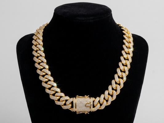 18K Gold Iced Cuban Link Necklace with Full IGI Diamond Pavé
