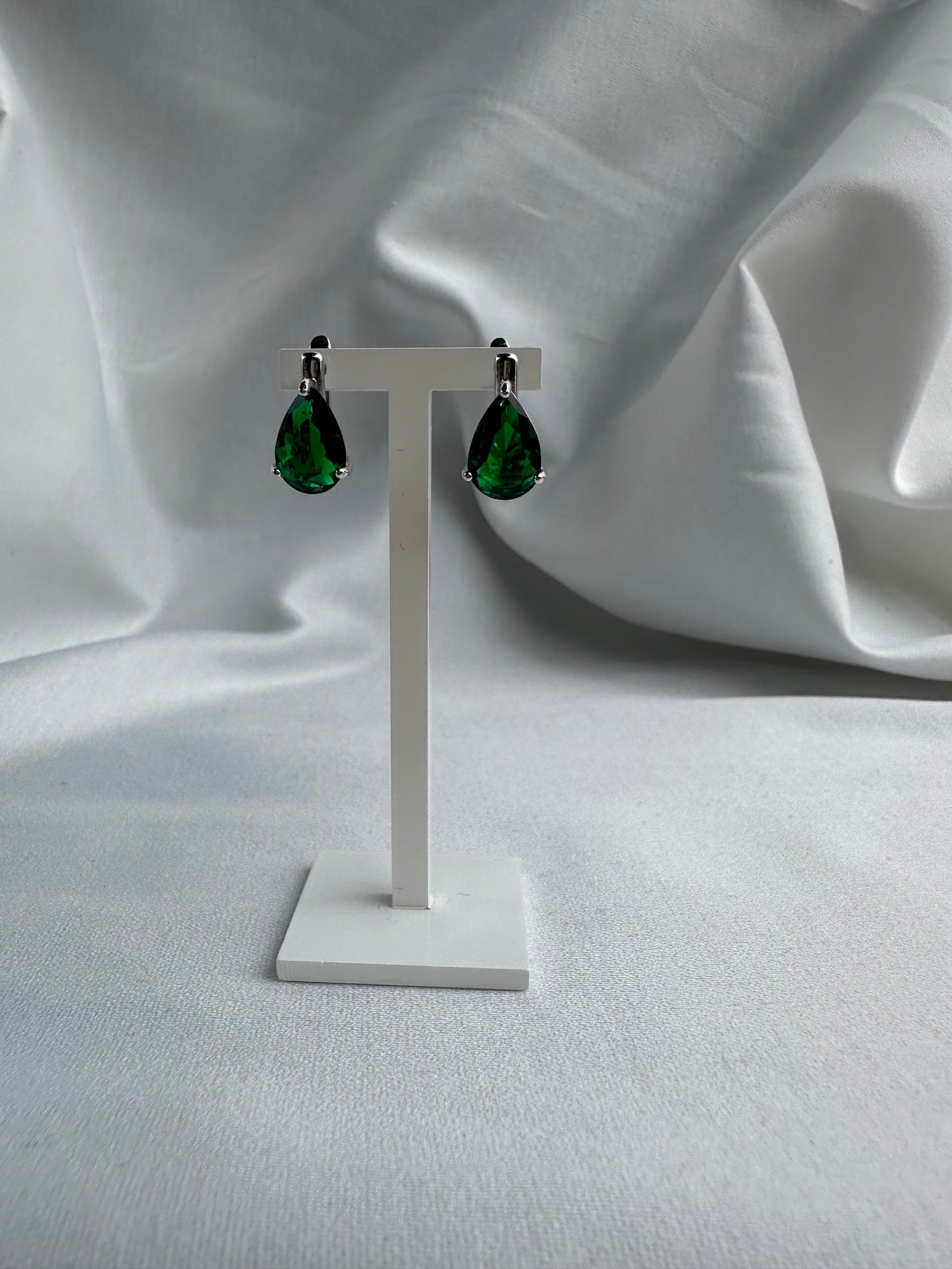 Silver Green Pear Shape Earrings