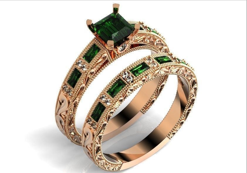 Golden Emerald & Diamond Engagement/Wedding Ring
