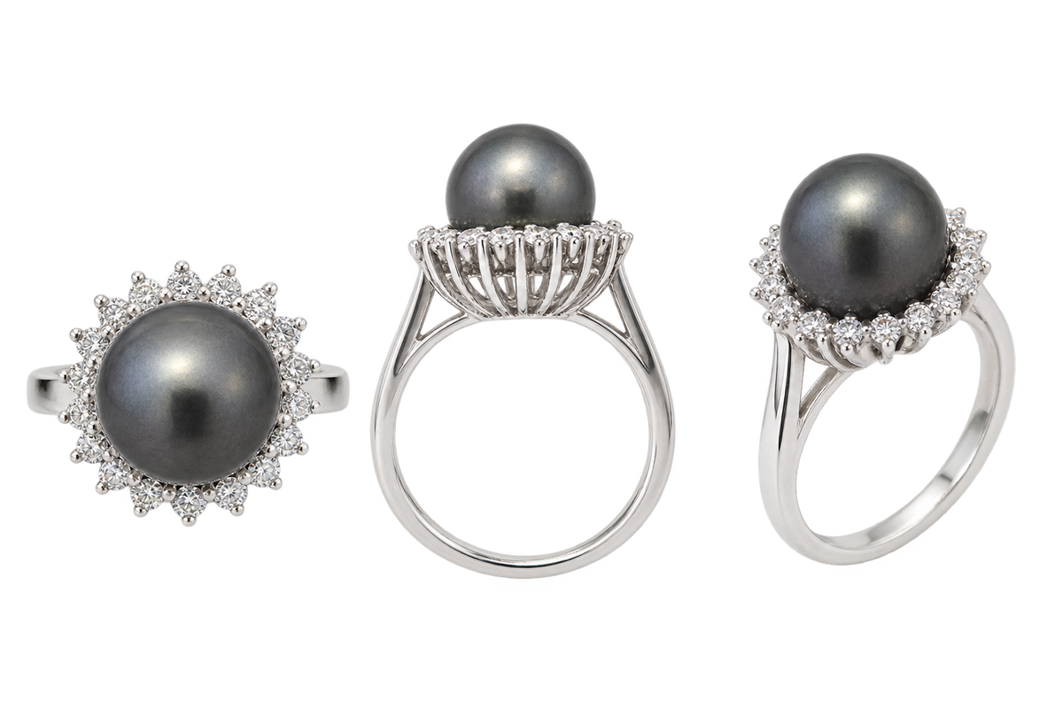 14K White Gold Tahitian Pearl & Lab-Grown Diamond Halo Ring