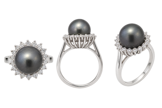 14K White Gold Tahitian Pearl & Lab-Grown Diamond Halo Ring