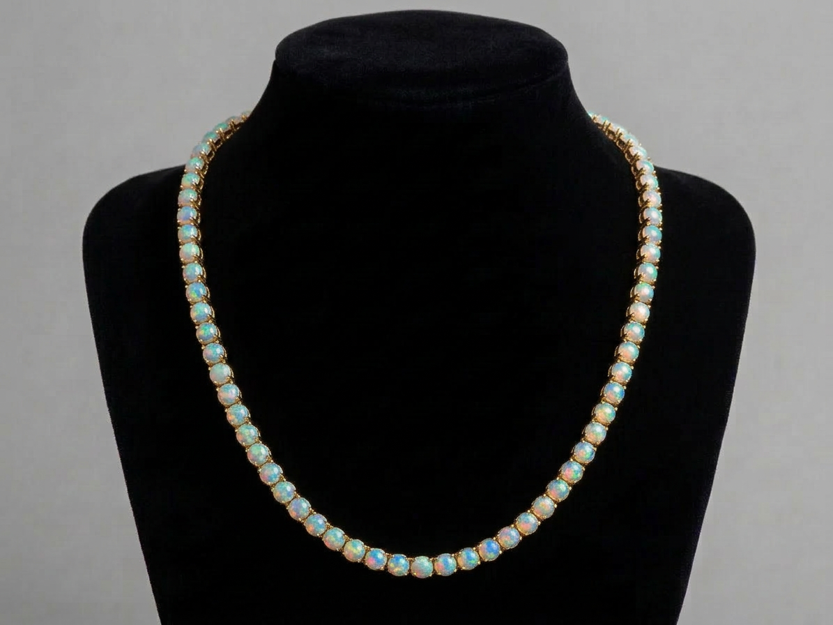 18K Gold Opal Tennis Chain Necklace with IGI-Certified Opals