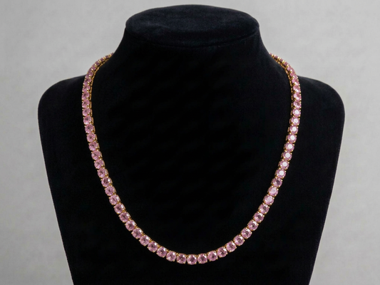 18K Yellow Gold Pink Sapphire Tennis Necklace - 5mm IGI Certified