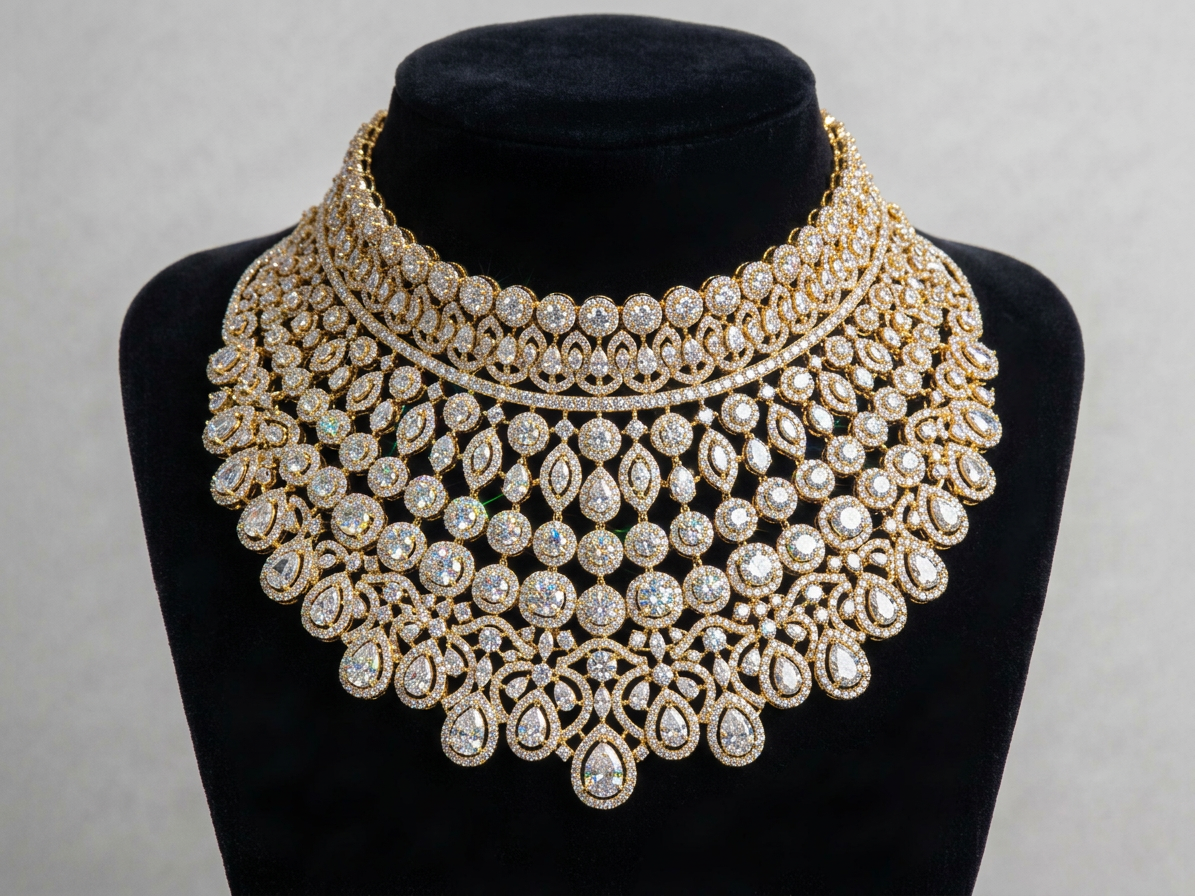 18K Yellow Gold Natural Diamond Pavé Choker Necklace - IGI VS1 D-E-F Certified