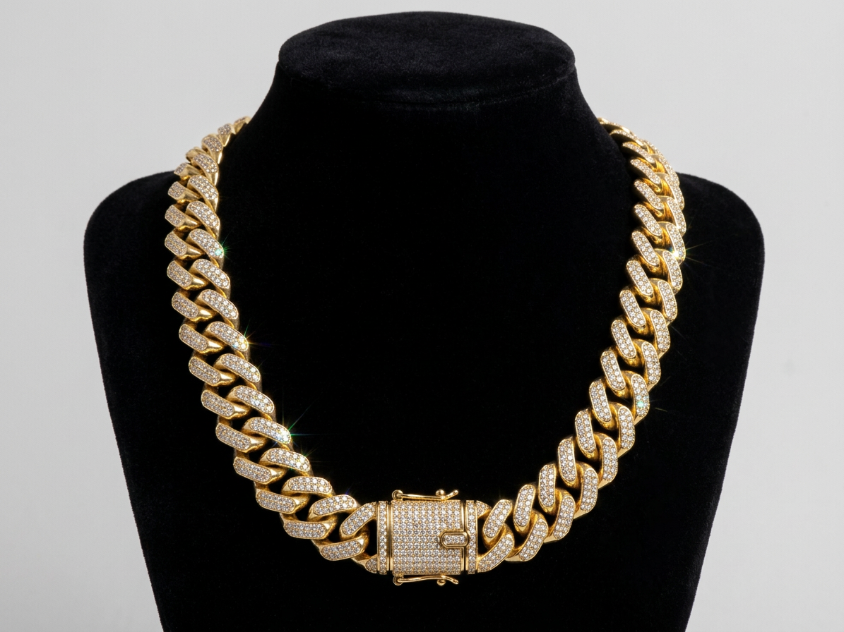 18K Gold Iced Cuban Link Necklace with Full IGI Diamond Pavé
