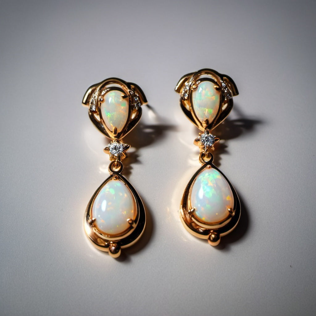 Special KVJ Design Gold Opal Diamond Earrings